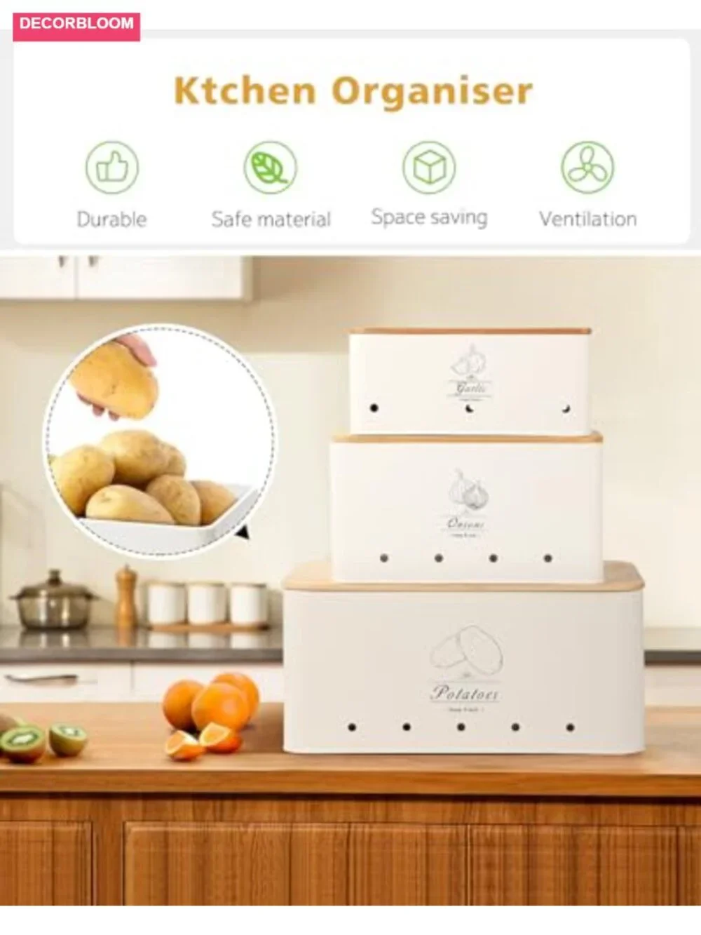 3-Piece Kitchen Vegetable Storage Tin Set Steel Bamboo Lid